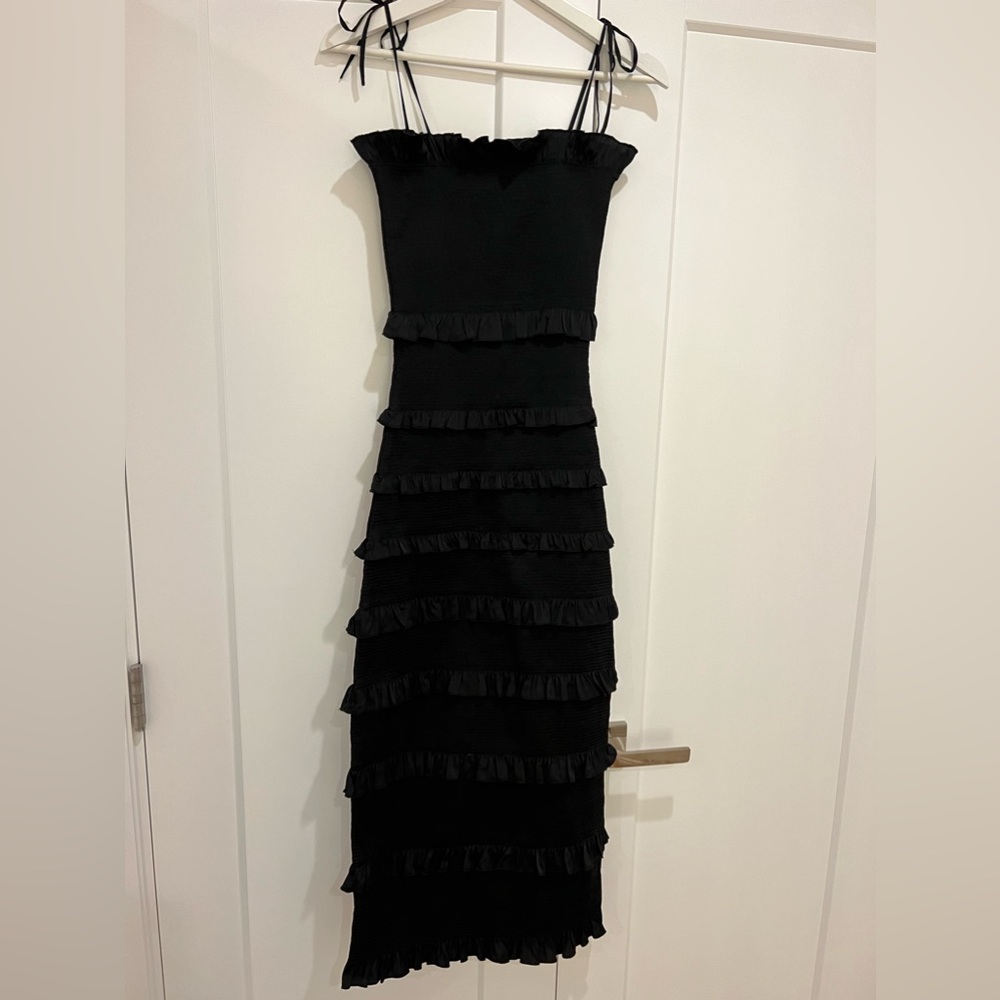 V. Chapman Lily Ruched & Ruffled Stretch Satin Midi Dress - Black